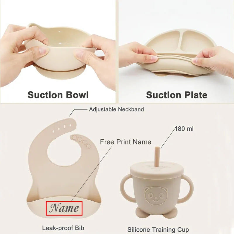 🍽️👶 Set Repas Bébé Personnalisable – Nom Gravé – Silicone Alimentaire Antidérapant (8 pièces)™