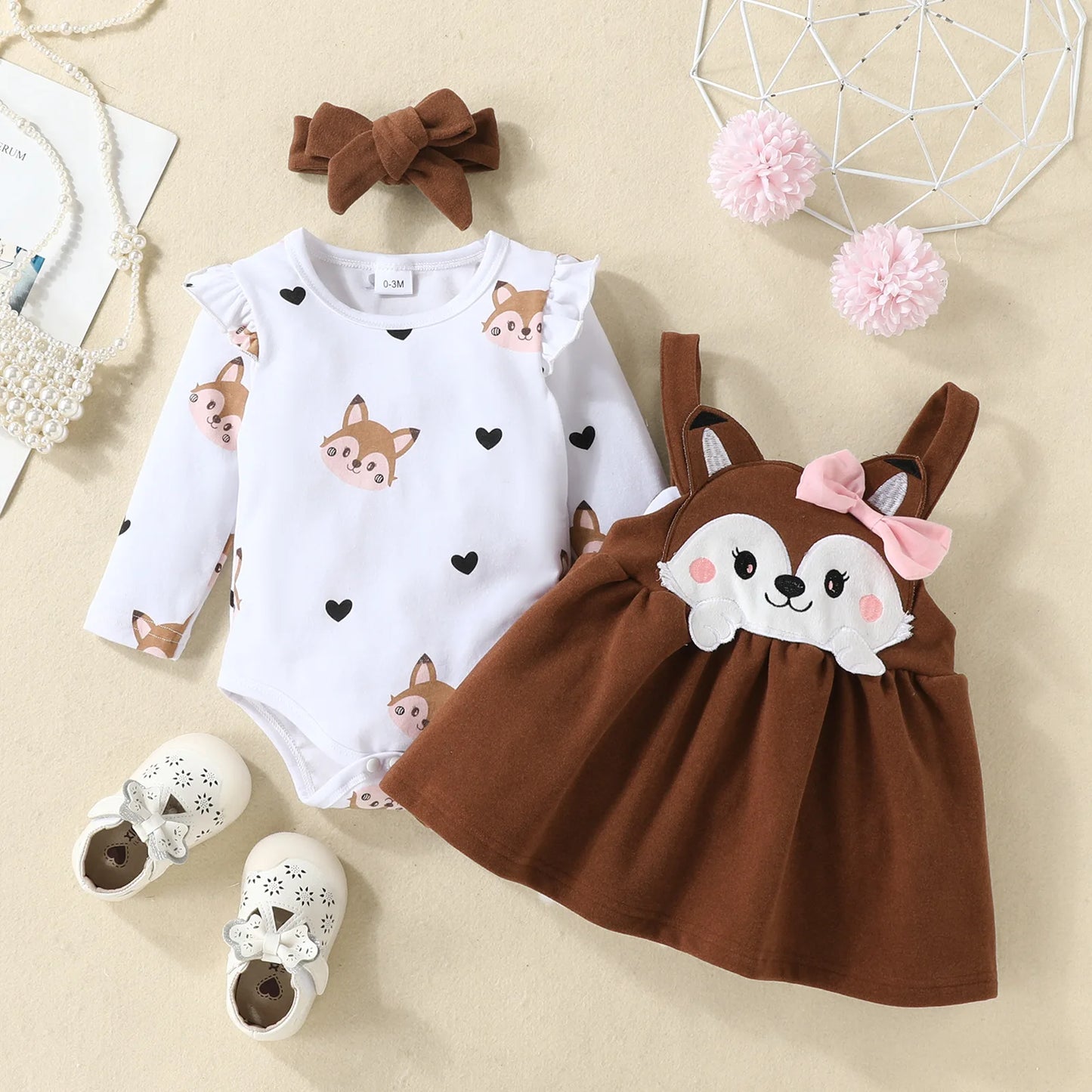 đđŠ Ensemble BĂ©bĂ© Fille 2 PiĂšces â Body Ă Manches Longues + Robe Renard avec NĆud â Automne/Hiver â ROMPERBOâą - PlanĂšte bĂ©bĂ©
