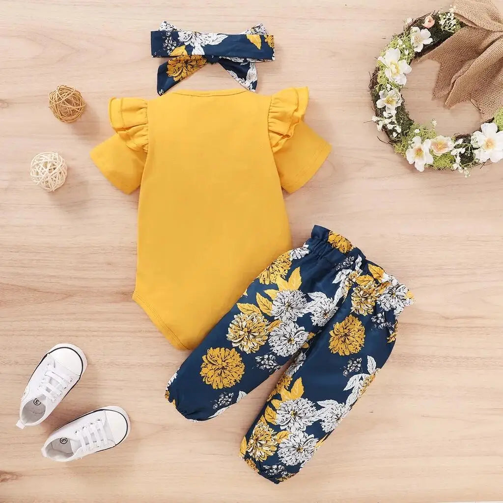 đžđ¶ Ensemble BĂ©bĂ© Fille 3 PiĂšces â Body Manches Courtes + Pantalon Fleuri + Bandeau â Mioglrie Ăté⹠- PlanĂšte bĂ©bĂ©