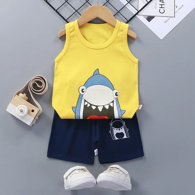 đđ Ensemble ĂtĂ© DĂ©bardeur + Short pour Enfant â Coton LĂ©ger & Motif Cartoon â Garçon & Filleâą