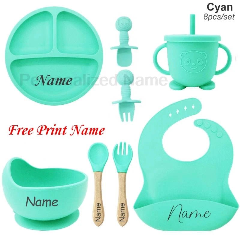 🍽️👶 Set Repas Bébé Personnalisable – Nom Gravé – Silicone Alimentaire Antidérapant (8 pièces)™ - Planète bébé