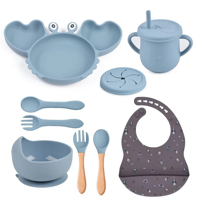 🍽️ Set de Vaisselle Bébé 9 Pièces en Silicone – Antidérapant & Sans BPA™