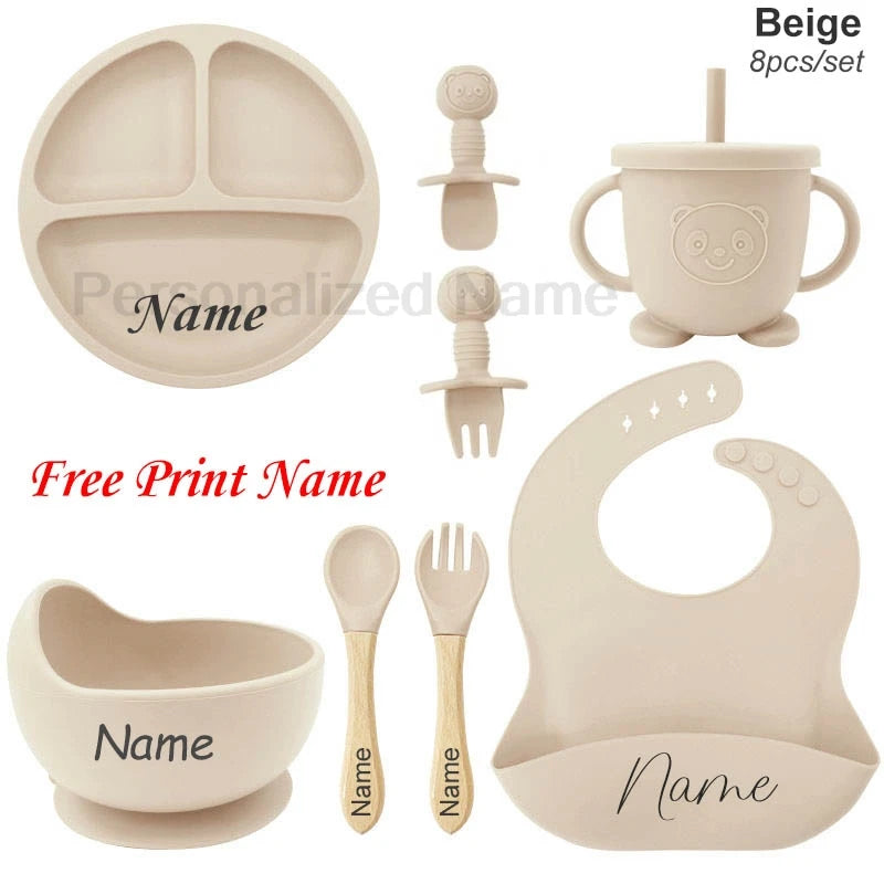 🍽️👶 Set Repas Bébé Personnalisable – Nom Gravé – Silicone Alimentaire Antidérapant (8 pièces)™