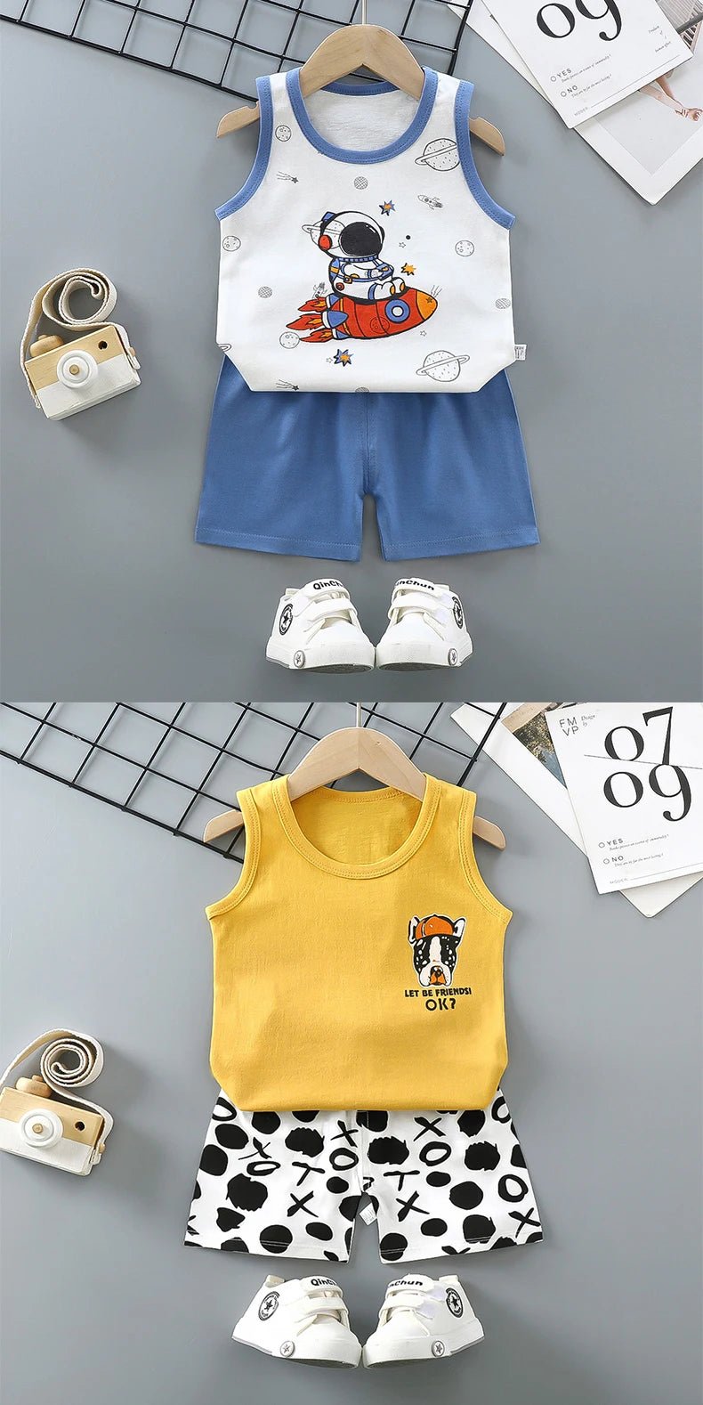 đđ Ensemble ĂtĂ© DĂ©bardeur + Short pour Enfant â Coton LĂ©ger & Motif Cartoon â Garçon & Filleâą - PlanĂšte bĂ©bĂ©