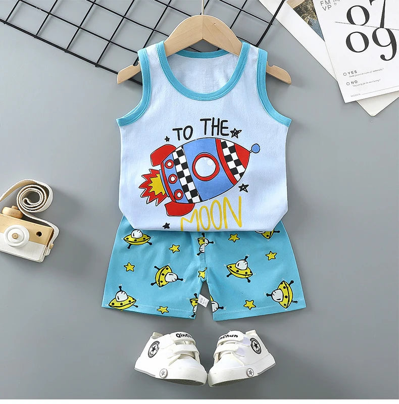 đđ Ensemble ĂtĂ© DĂ©bardeur + Short pour Enfant â Coton LĂ©ger & Motif Cartoon â Garçon & Filleâą
