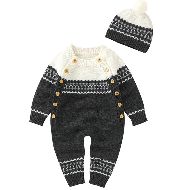 Combinaison Bébé Tricotée avec Bonnet – Body Hiver Automne