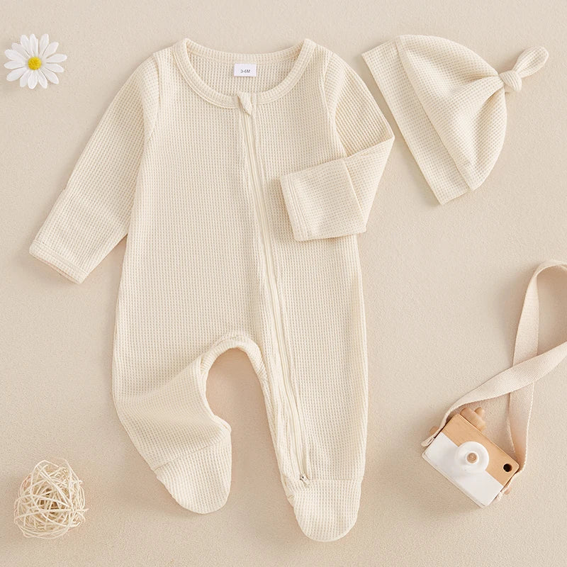 đ¶đ Combinaison BĂ©bĂ© Automne â Romper Ă Pieds Uni en Coton GaufrĂ© + Bonnetâą