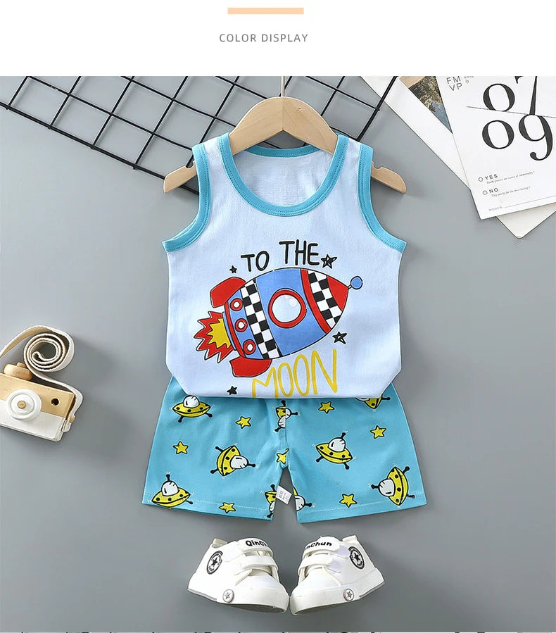 đđ Ensemble ĂtĂ© DĂ©bardeur + Short pour Enfant â Coton LĂ©ger & Motif Cartoon â Garçon & Filleâą