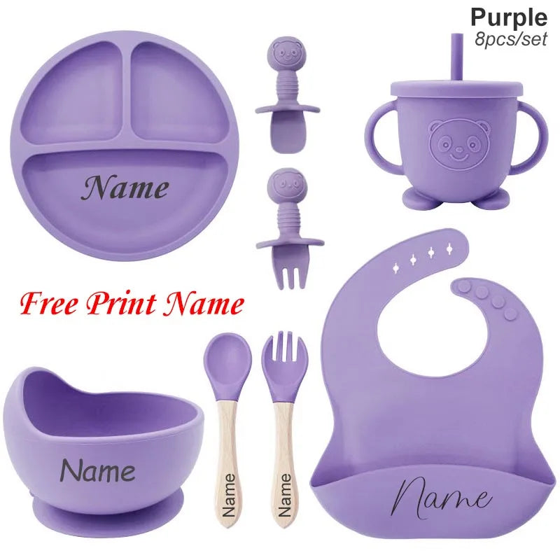 🍽️👶 Set Repas Bébé Personnalisable – Nom Gravé – Silicone Alimentaire Antidérapant (8 pièces)™