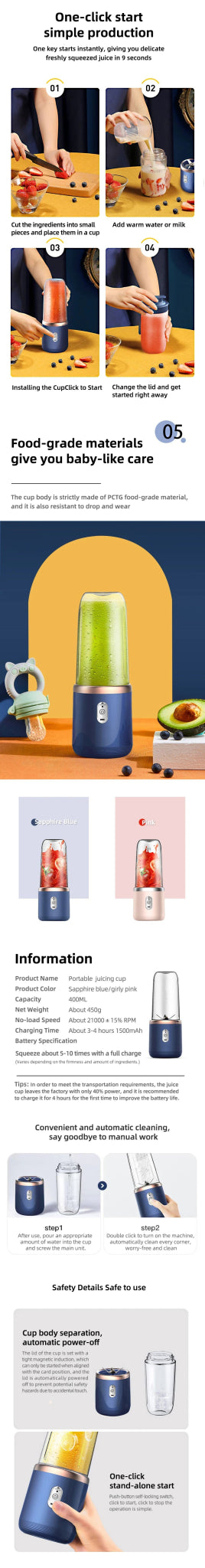 đ„€ Blender Portable Ălectrique HOMEFISH â 6 Lames Acier Inoxydable â Smoothies, Jus, Glace & Milkshakes â Rechargeable â Compact <500mlâą - PlanĂšte bĂ©bĂ©