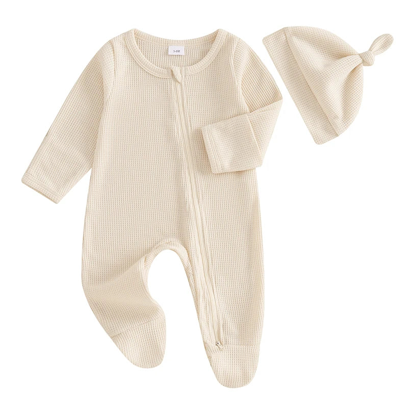 đ¶đ Combinaison BĂ©bĂ© Automne â Romper Ă Pieds Uni en Coton GaufrĂ© + Bonnetâą