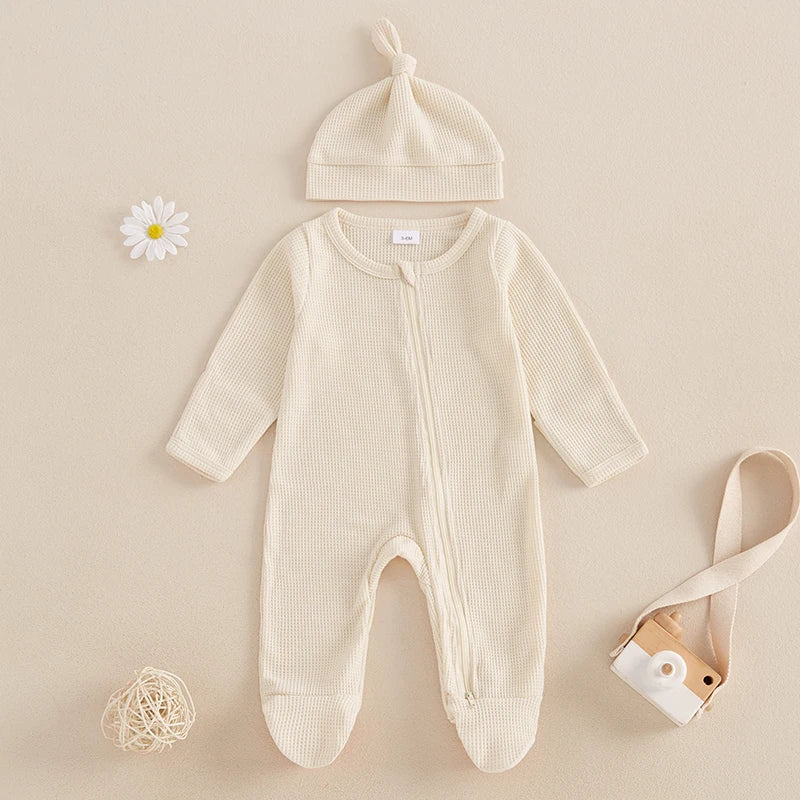 đ¶đ Combinaison BĂ©bĂ© Automne â Romper Ă Pieds Uni en Coton GaufrĂ© + Bonnetâą