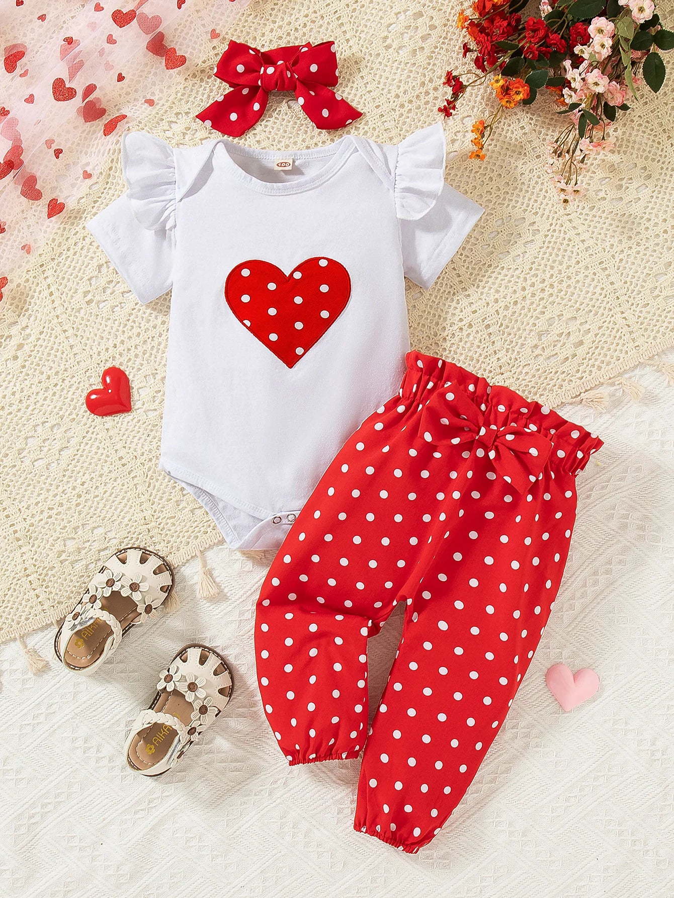 đ Ensemble 3 PiĂšces BĂ©bĂ© Fille â Romper CĆur â€ïž + Pantalon + Bandeau â 0 Ă 18 Moisâą - PlanĂšte bĂ©bĂ©