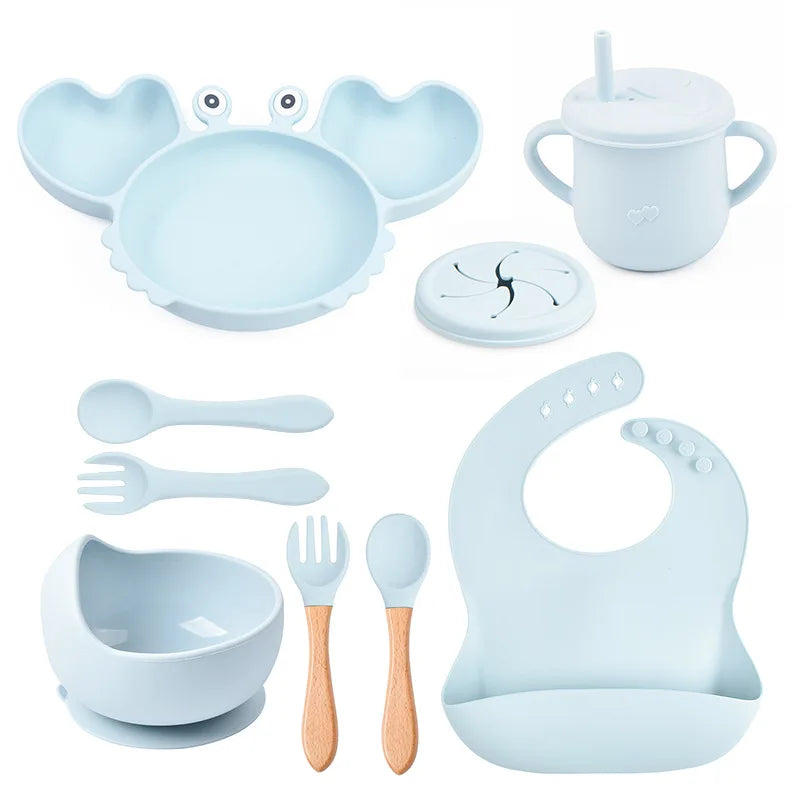 🍽️ Set de Vaisselle Bébé 9 Pièces en Silicone – Antidérapant & Sans BPA™