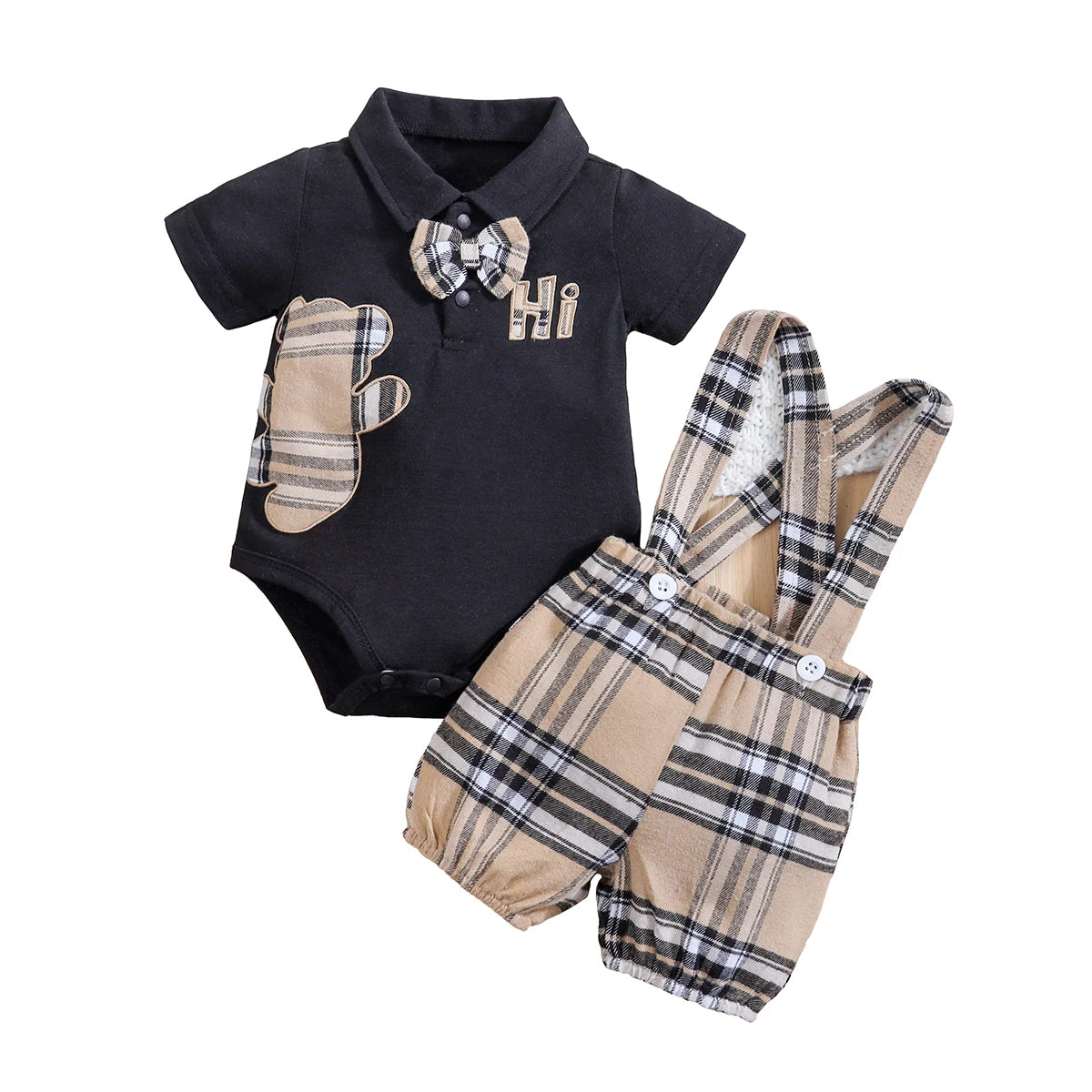 đ§ž Ensemble 2 PiĂšces BĂ©bĂ© â Body Ă Manches Courtes Motif Ours + Pantalon Bretelles Ă Carreauxâą - PlanĂšte bĂ©bĂ©