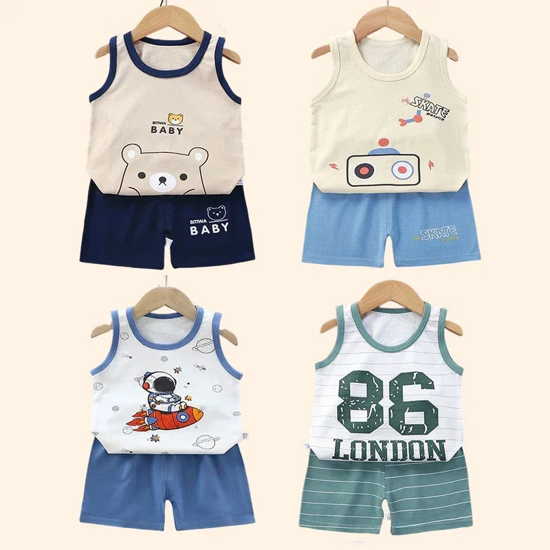 đđ Ensemble ĂtĂ© DĂ©bardeur + Short pour Enfant â Coton LĂ©ger & Motif Cartoon â Garçon & Filleâą