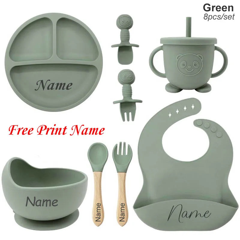 🍽️👶 Set Repas Bébé Personnalisable – Nom Gravé – Silicone Alimentaire Antidérapant (8 pièces)™