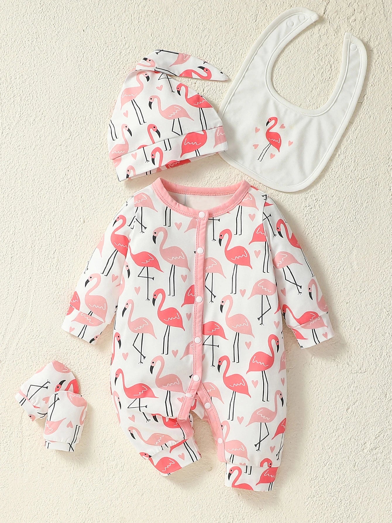 nsemble Naissance 4 Pièces Coton Ultra Doux Bébé Fille – Grenouillère Imprimé Cygne + Bonnet + Bavoir + Gants™