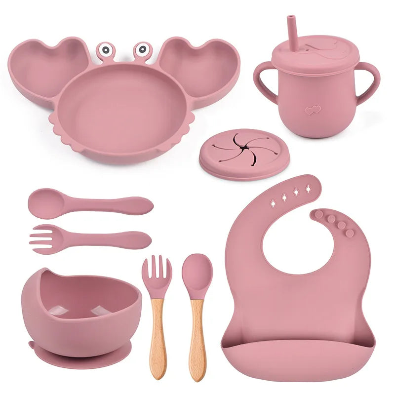 🍽️ Set de Vaisselle Bébé 9 Pièces en Silicone – Antidérapant & Sans BPA™