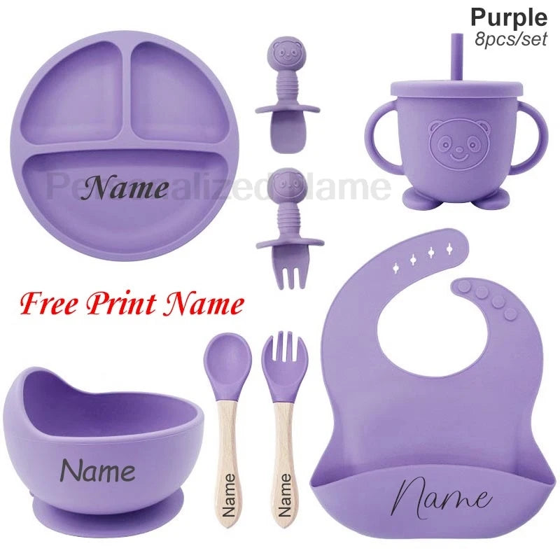 🍽️👶 Set Repas Bébé Personnalisable – Nom Gravé – Silicone Alimentaire Antidérapant (8 pièces)™
