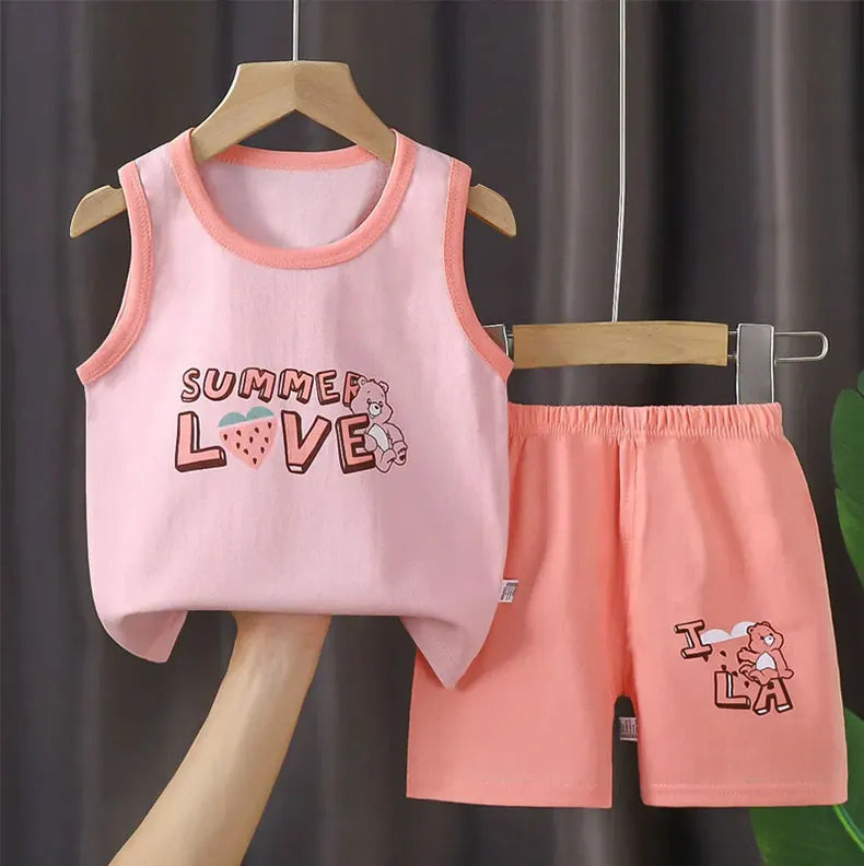đđ Ensemble ĂtĂ© DĂ©bardeur + Short pour Enfant â Coton LĂ©ger & Motif Cartoon â Garçon & Filleâą