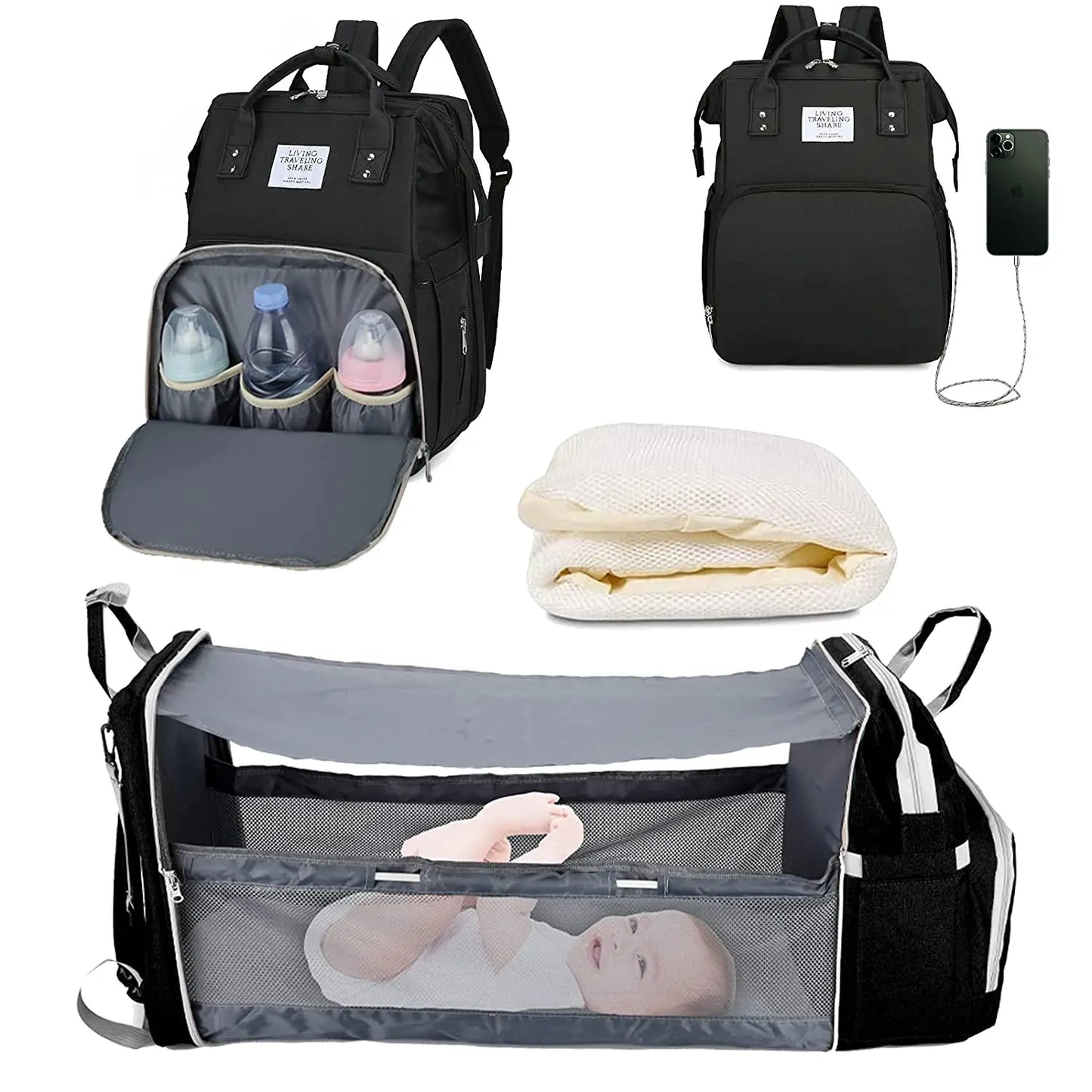 đđŒ Sac Ă Langer 3-en-1 avec Lit BĂ©bĂ© IntĂ©grĂ© â Sac Ă Dos Voyage Ătanche avec Port USB â Multifonction pour Parents Modernes