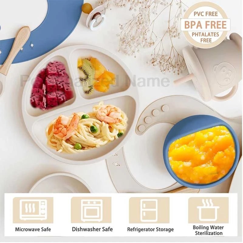 🍽️👶 Set Repas Bébé Personnalisable – Nom Gravé – Silicone Alimentaire Antidérapant (8 pièces)™ - Planète bébé
