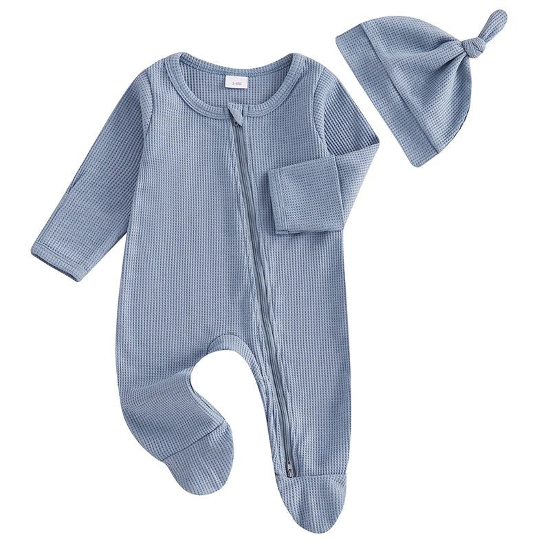 đ¶đ Combinaison BĂ©bĂ© Automne â Romper Ă Pieds Uni en Coton GaufrĂ© + Bonnetâą - PlanĂšte bĂ©bĂ©