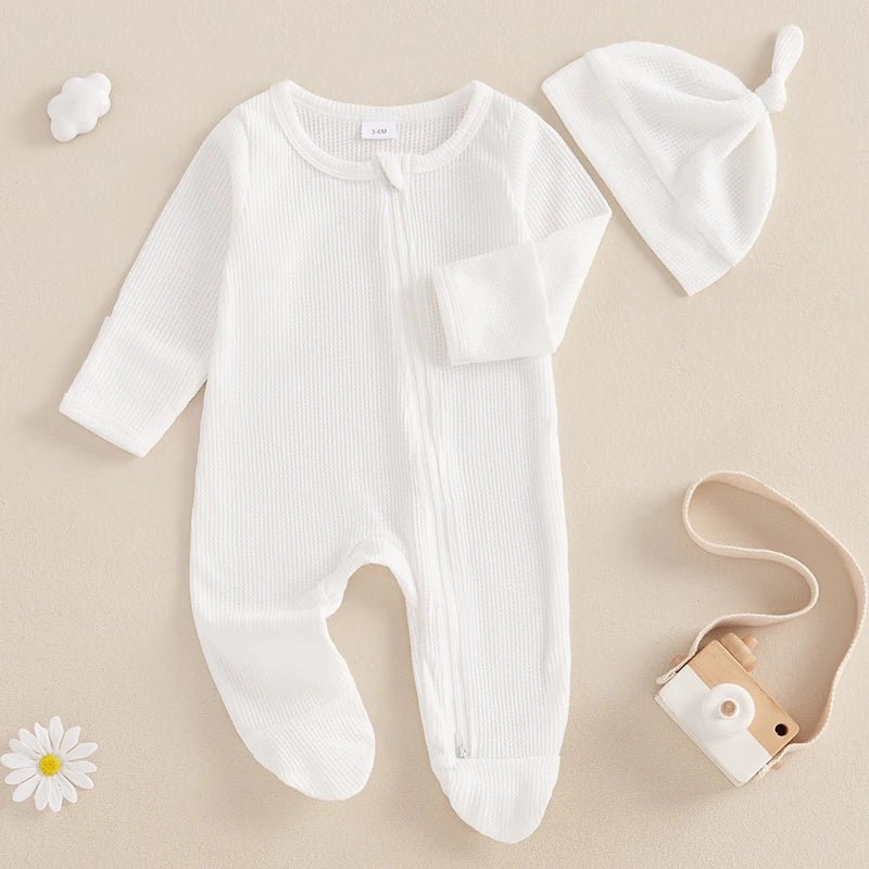 đ¶đ Combinaison BĂ©bĂ© Automne â Romper Ă Pieds Uni en Coton GaufrĂ© + Bonnetâą - PlanĂšte bĂ©bĂ©