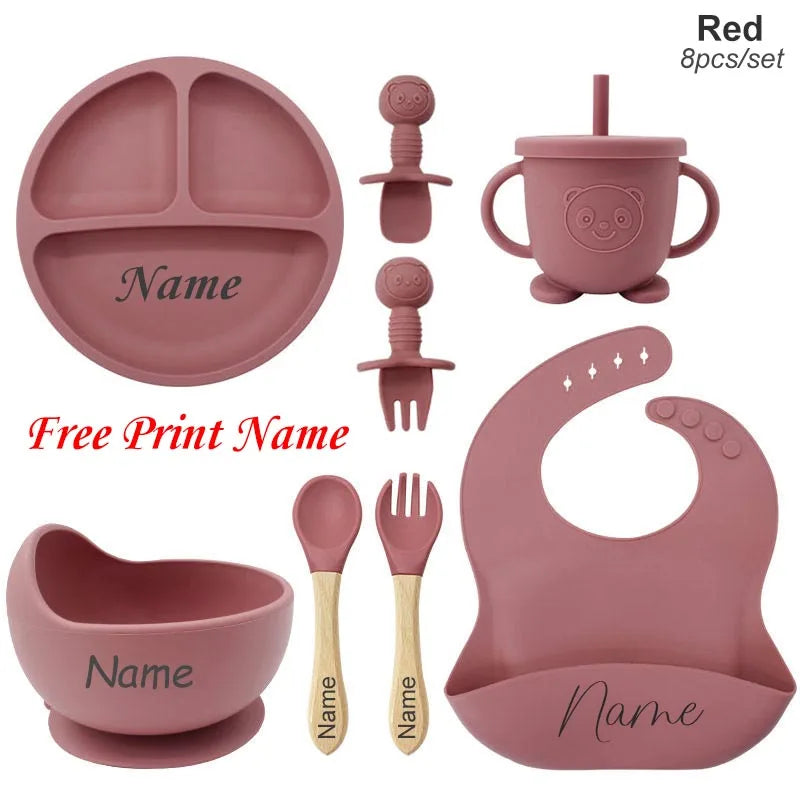 🍽️👶 Set Repas Bébé Personnalisable – Nom Gravé – Silicone Alimentaire Antidérapant (8 pièces)™