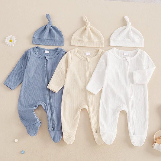 👶🍂 Combinaison Bébé Automne – Romper à Pieds Uni en Coton Gaufré + Bonnet™ - Planète bébé