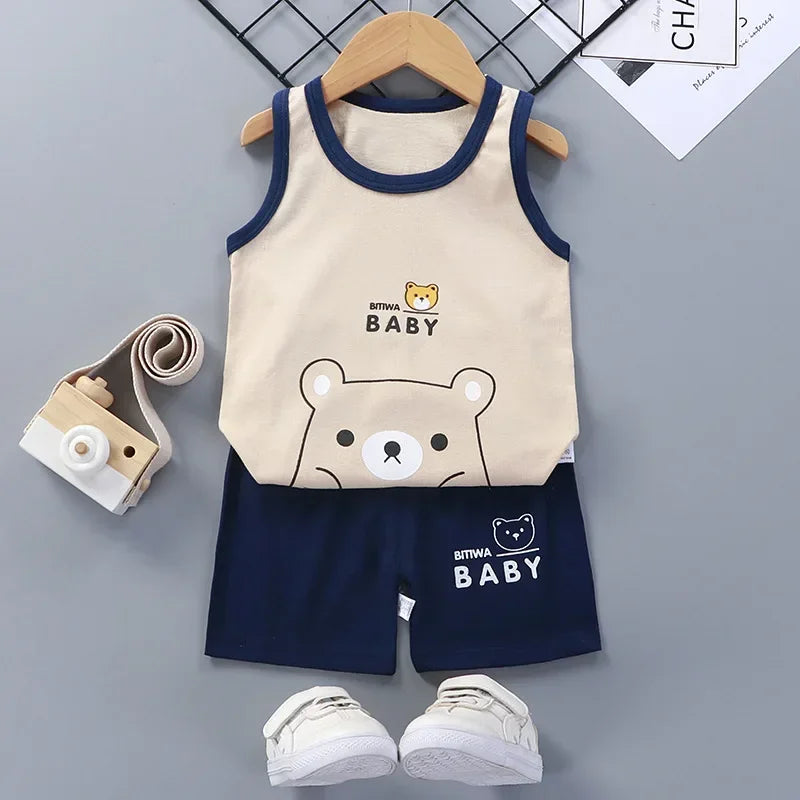 đđ Ensemble ĂtĂ© DĂ©bardeur + Short pour Enfant â Coton LĂ©ger & Motif Cartoon â Garçon & Filleâą