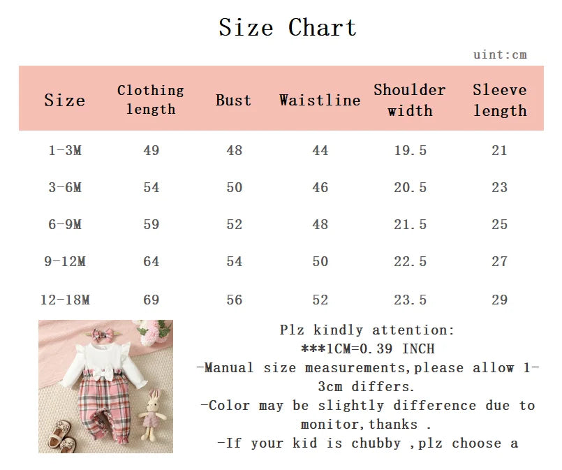 Barboteuse Bébé Fille Printemps Automne à Manches Volantes – Motif Carreaux Rose avec Bandeau – Confort Stretch 0-18 Mois™