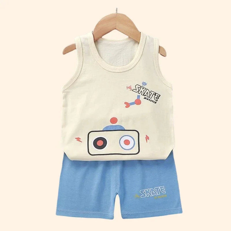 đđ Ensemble ĂtĂ© DĂ©bardeur + Short pour Enfant â Coton LĂ©ger & Motif Cartoon â Garçon & Filleâą