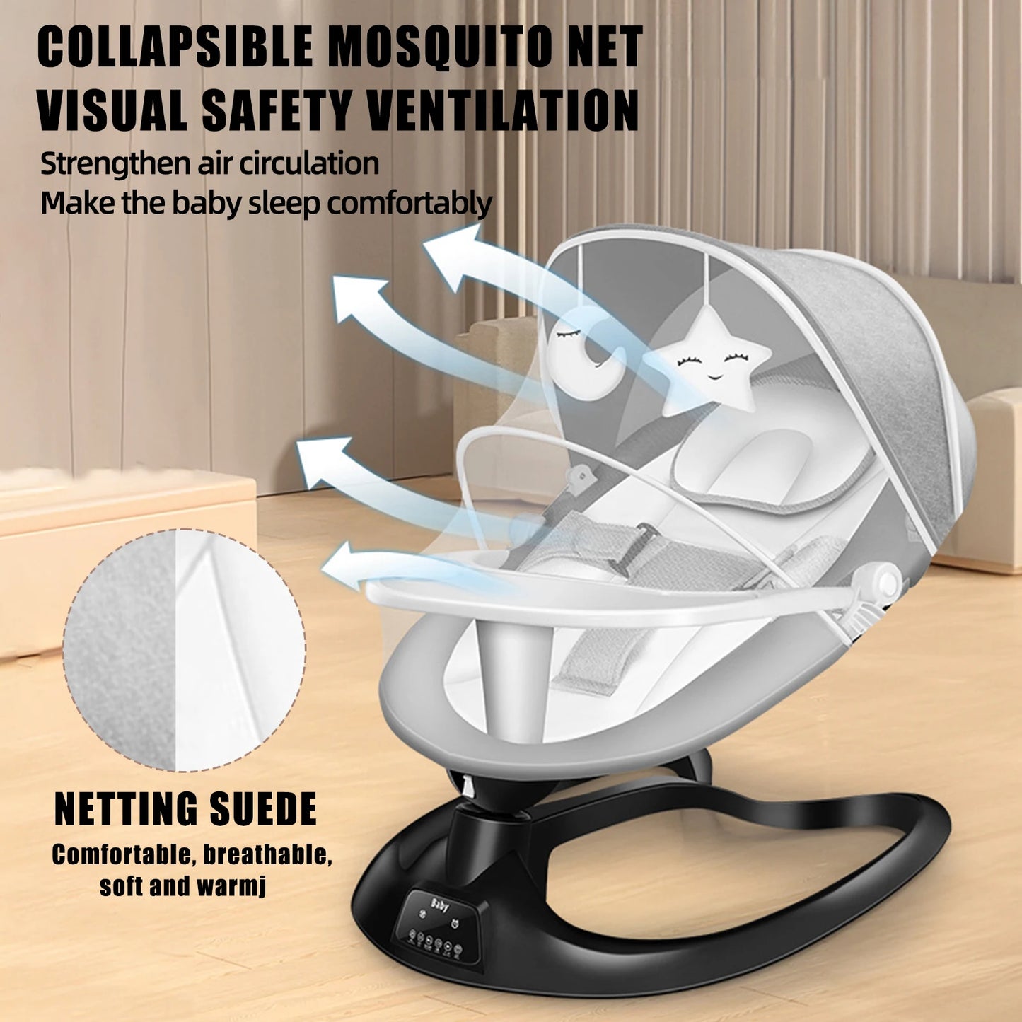 🎶 Berceau Électrique Bluetooth pour Bébé – Balancelle Multifonction avec Filet Anti-Moustique &amp; Musique – Jusqu’à 10 kg™