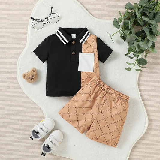 👕👖 Ensemble Été Garçon 2 Pièces – Chemise à Col Revers &amp; Pantalon – Patchwork Chic™