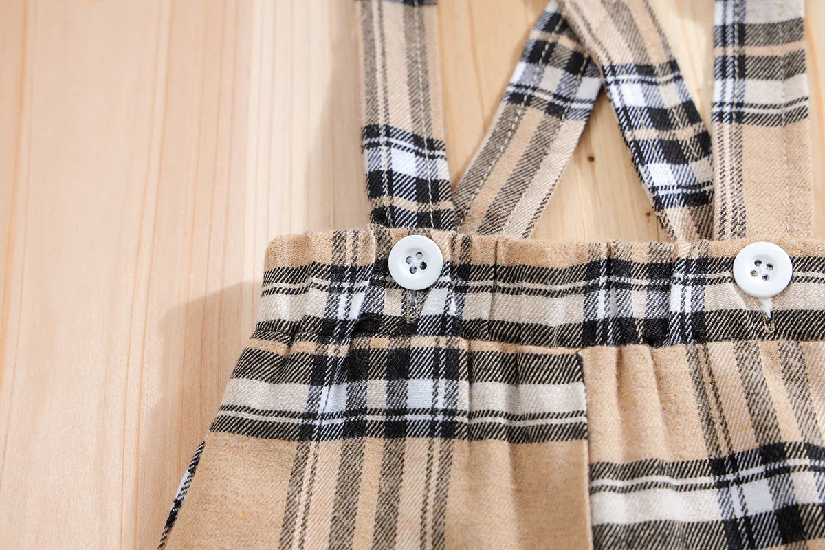🧸 Ensemble 2 Pièces Bébé – Body à Manches Courtes Motif Ours + Pantalon Bretelles à Carreaux™ - Planète bébé