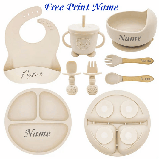 🍽️👶 Set Repas Bébé Personnalisable – Nom Gravé – Silicone Alimentaire Antidérapant (8 pièces)™ - Planète bébé