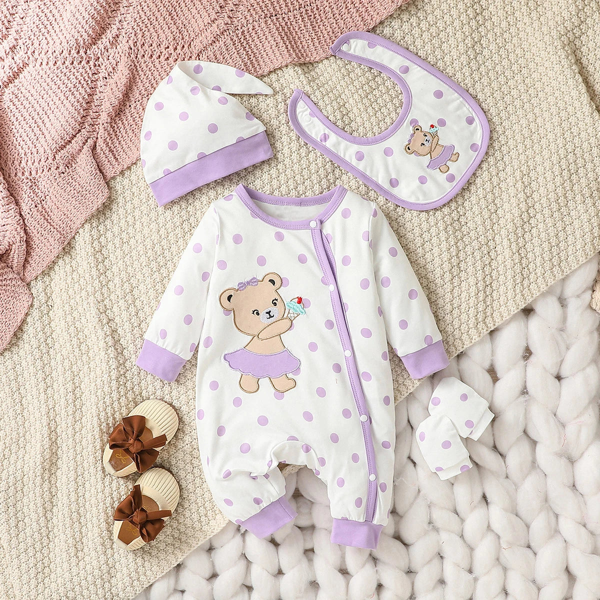 Ensemble Bébé Fille™ – 4 Pièces Polka Dot avec Patch Ours