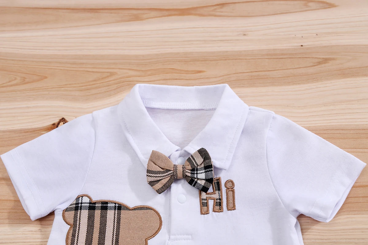 🧸 Ensemble 2 Pièces Bébé – Body à Manches Courtes Motif Ours + Pantalon Bretelles à Carreaux™ - Planète bébé