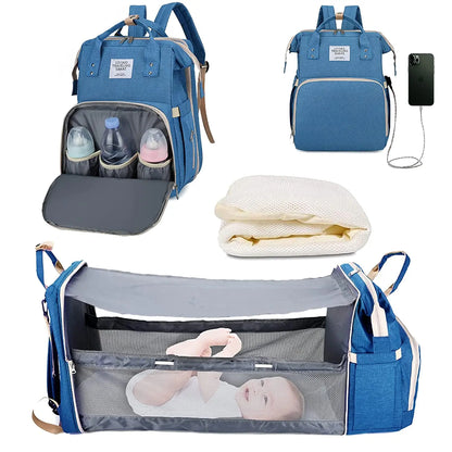 🎒🍼 Sac à Langer 3-en-1 avec Lit Bébé Intégré – Sac à Dos Voyage Étanche avec Port USB – Multifonction pour Parents Modernes
