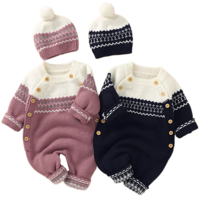 Combinaison Bébé Tricotée avec Bonnet – Body Hiver Automne