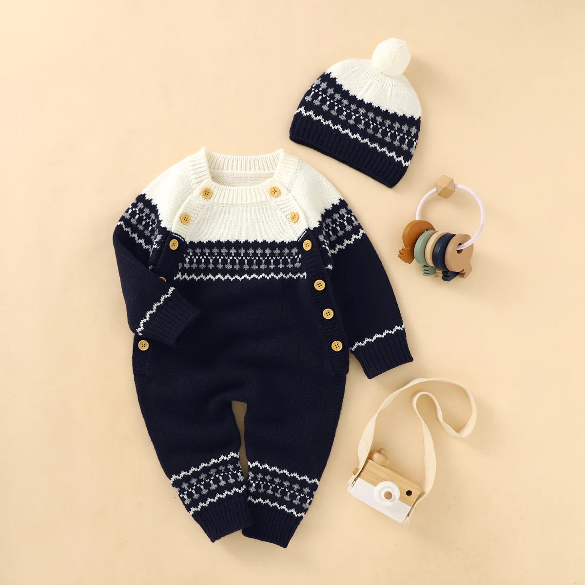 Combinaison Bébé Tricotée avec Bonnet – Body Hiver Automne