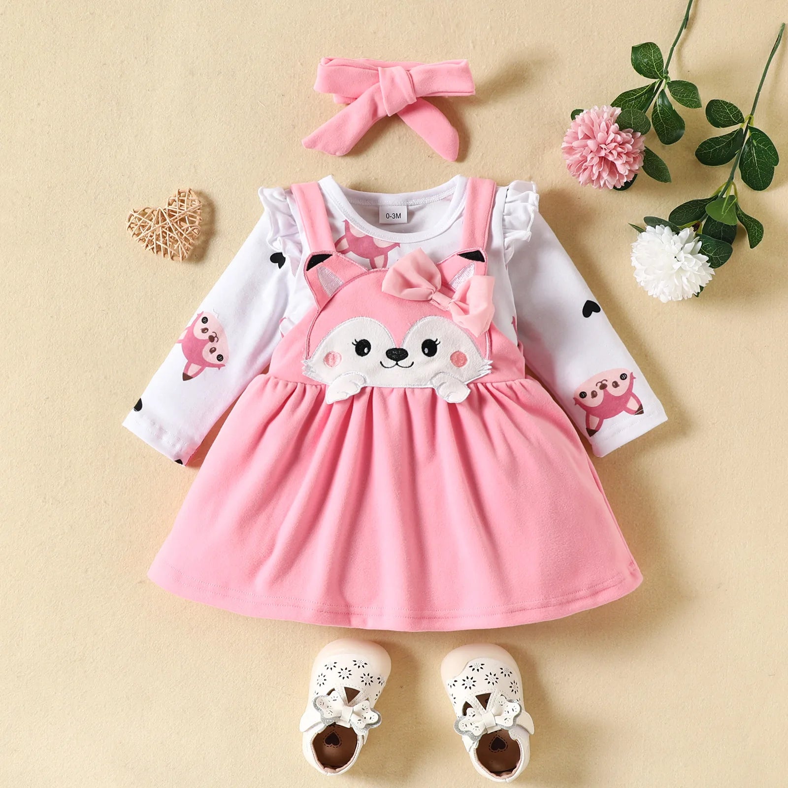 🎀🦊 Ensemble Bébé Fille 2 Pièces – Body à Manches Longues + Robe Renard avec Nœud – Automne/Hiver – ROMPERBO™ - Planète bébé
