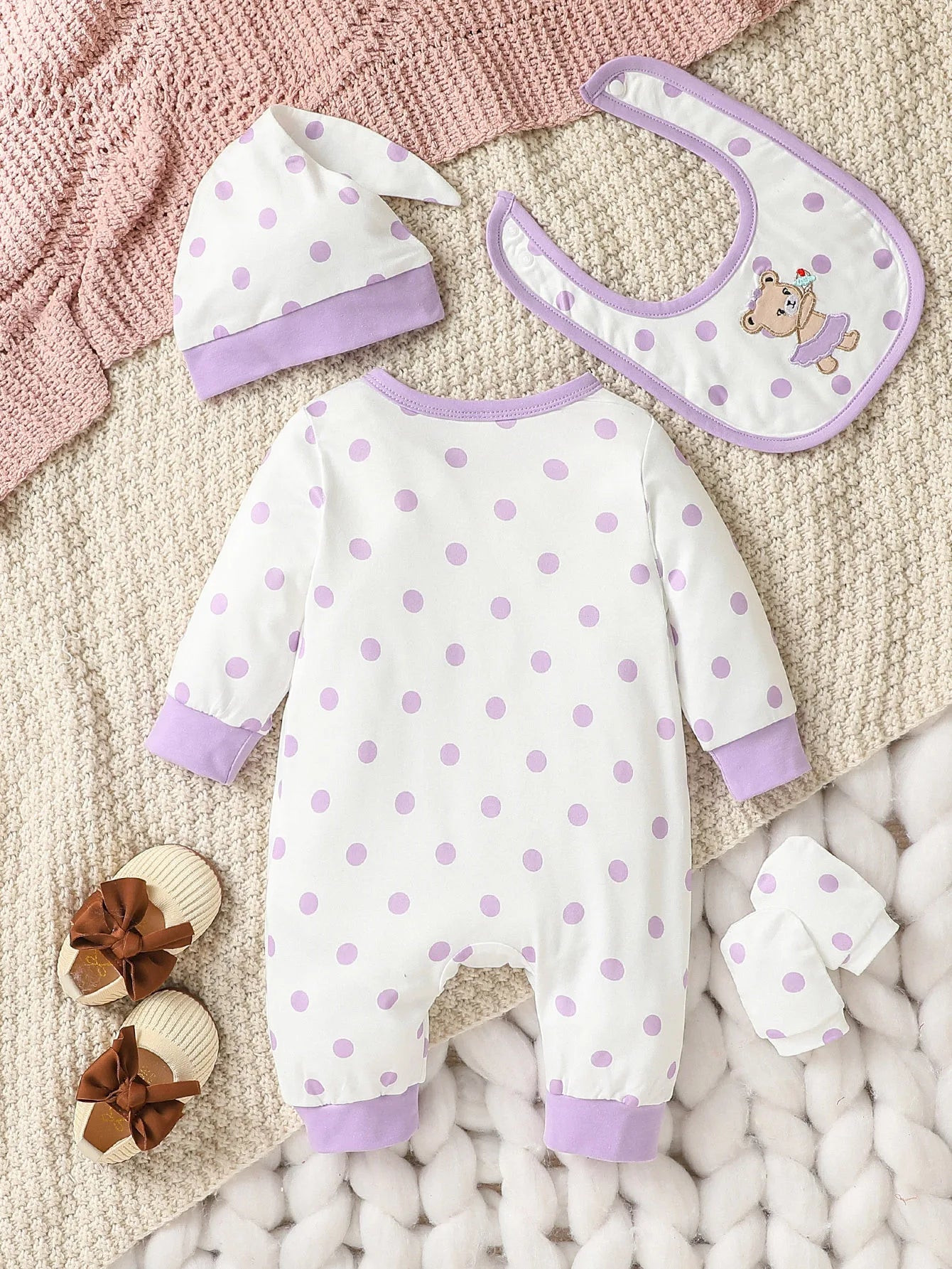 Ensemble Bébé Fille™ – 4 Pièces Polka Dot avec Patch Ours