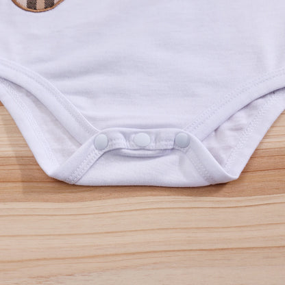 🧸 Ensemble 2 Pièces Bébé – Body à Manches Courtes Motif Ours + Pantalon Bretelles à Carreaux™ - Planète bébé