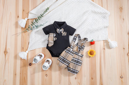 🧸 Ensemble 2 Pièces Bébé – Body à Manches Courtes Motif Ours + Pantalon Bretelles à Carreaux™ - Planète bébé