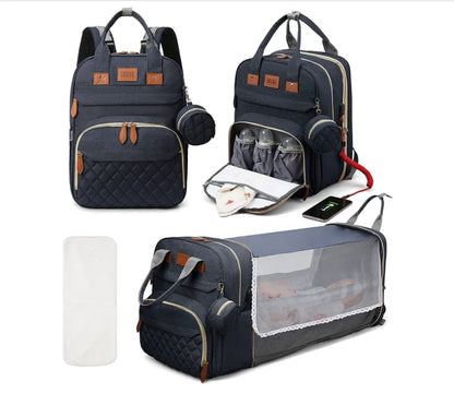 🎒🍼 Sac à Langer 3-en-1 avec Lit Bébé Intégré – Sac à Dos Voyage Étanche avec Port USB – Multifonction pour Parents Modernes