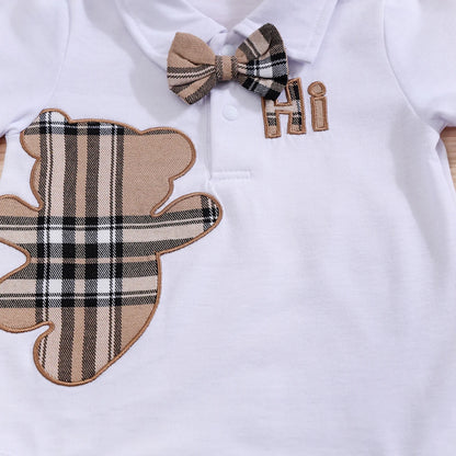 🧸 Ensemble 2 Pièces Bébé – Body à Manches Courtes Motif Ours + Pantalon Bretelles à Carreaux™ - Planète bébé