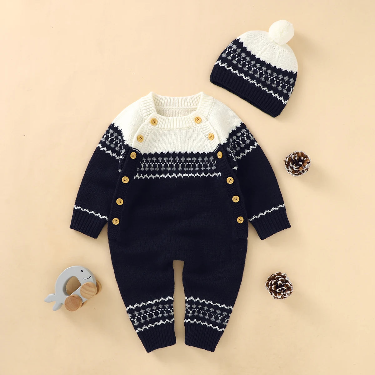 Combinaison Bébé Tricotée avec Bonnet – Body Hiver Automne